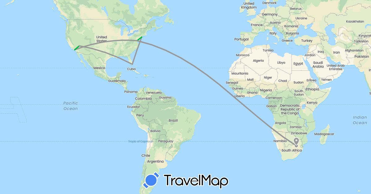 TravelMap itinerary: driving, bus, plane in United States, South Africa (Africa, North America)
